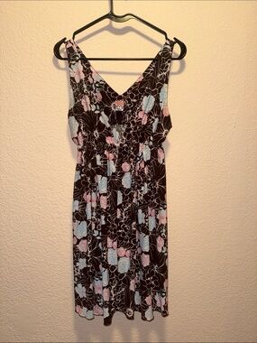 Sleeveless Floral Midi Dress in Brown with Pink & Light Blue